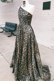 Stunning Leopard Print One Shoulder A Line Long Prom Dresses Y0323