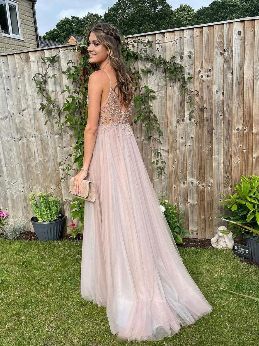 Classy V-neck Beading Spaghetti Straps A Line Long Beading Tulle Prom Dresses Y0336