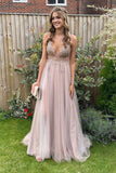 Classy V-neck Beading Spaghetti Straps A Line Long Beading Tulle Prom Dresses Y0336