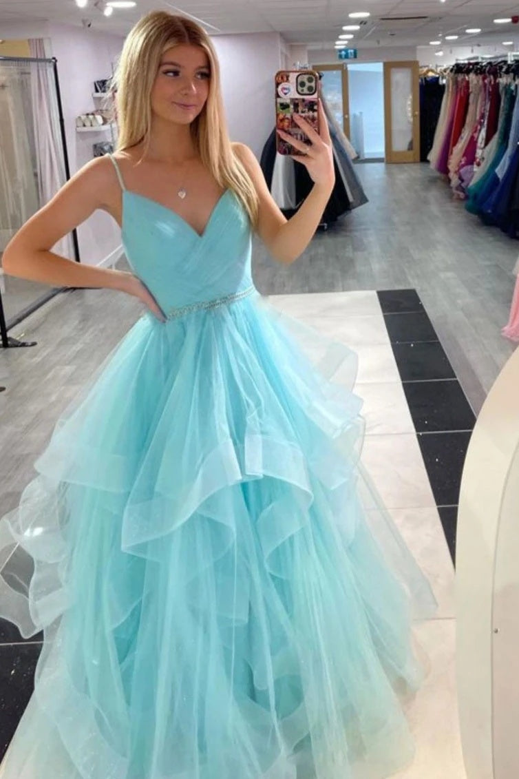 Beauty Spaghetti Straps V-neck Long Princess Prom Dresses For Teens Y0339