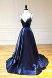 Spaghetti Straps Long V-Neck Navy Blue Prom Dress Y0401