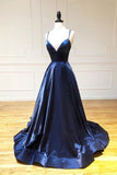 Spaghetti Straps Long V-Neck Navy Blue Prom Dress Y0401