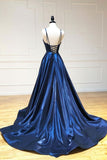 Spaghetti Straps Long V-Neck Navy Blue Prom Dress Y0401