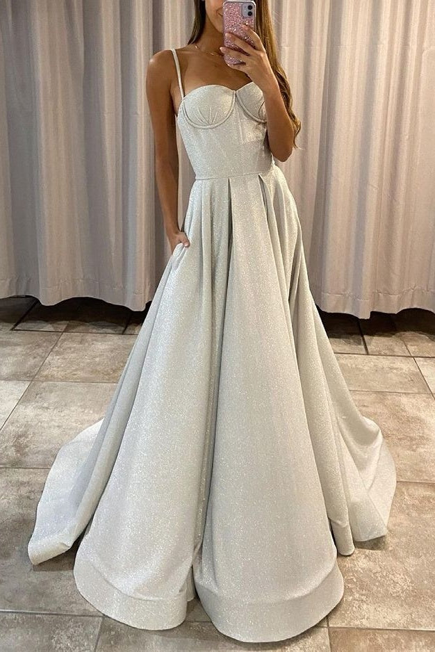Glitter Spaghetti Straps Sweetheart Long Prom Dresses With Pockets