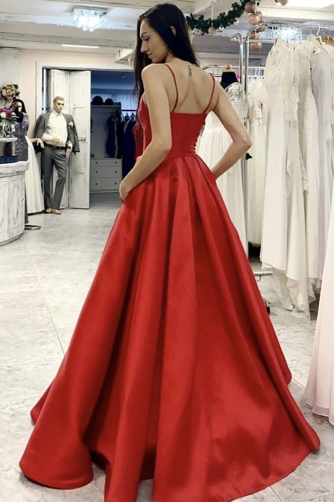 Elegant Red Satin A Line Floor Length Long Prom Dresses Y0402