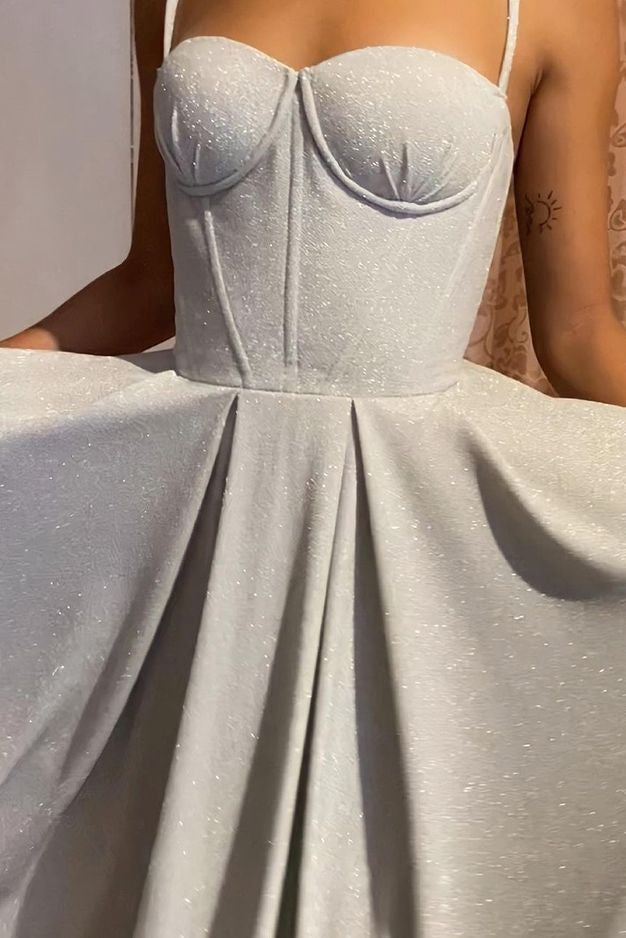 Glitter Spaghetti Straps Sweetheart Long Prom Dresses With Pockets
