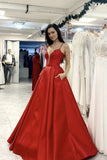 Elegant Red Satin A Line Floor Length Long Prom Dresses Y0402