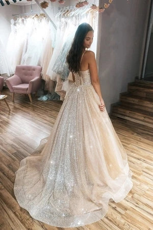 Spaghetti Straps Glitter Long Prom Dress Sweet 16 Dress Y0429