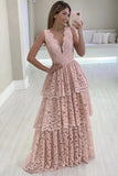 Cute Pink V-neck Layers Lace Long Prom Dresses Y0404