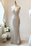 Glitter Spaghetti Straps Sequined Long Sheath Prom Dresses