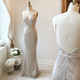 Glitter Spaghetti Straps Sequined Long Sheath Prom Dresses