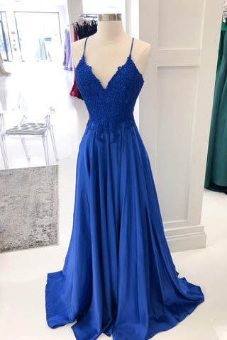 Tight Royal Blue Spaghetti Straps A Line Long Prom Dresse For Teens Y0350