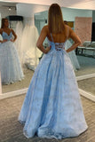 Glitter Light Blue Spaghetti Straps Long A Line Princess Prom Dresses For Teens Y0351