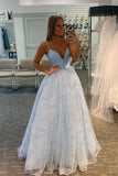 Glitter Light Blue Spaghetti Straps Long A Line Princess Prom Dresses For Teens Y0351