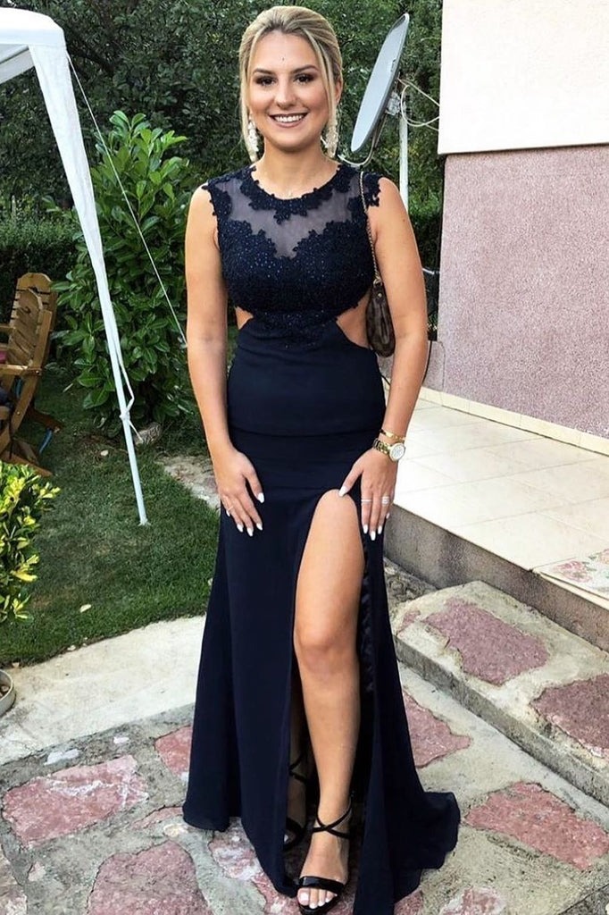 Pretty Navy Blue Long Front Split Prom Dresses With Appliques Y0352