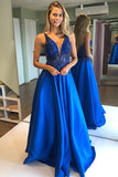 Pretty Backless A Line Blue Beading Long Prom Dresses Y0358