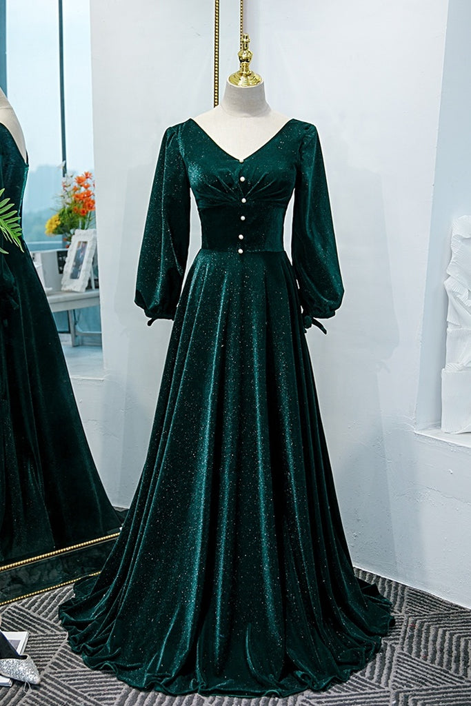 Vintage Long Sleeves V-Neck Green Velvet Long Prom Dress Y0359