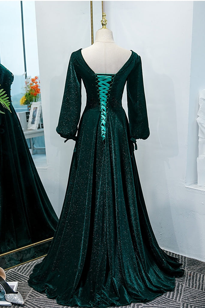 Vintage Long Sleeves V-Neck Green Velvet Long Prom Dress Y0359