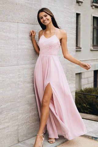 Flowys Spaghetti Straps Lace Chiffon A Line Side Split Long Prom Dresses Y0360