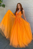 Stunning V-Neck Tulle Appliques Long Prom Dress Y0361