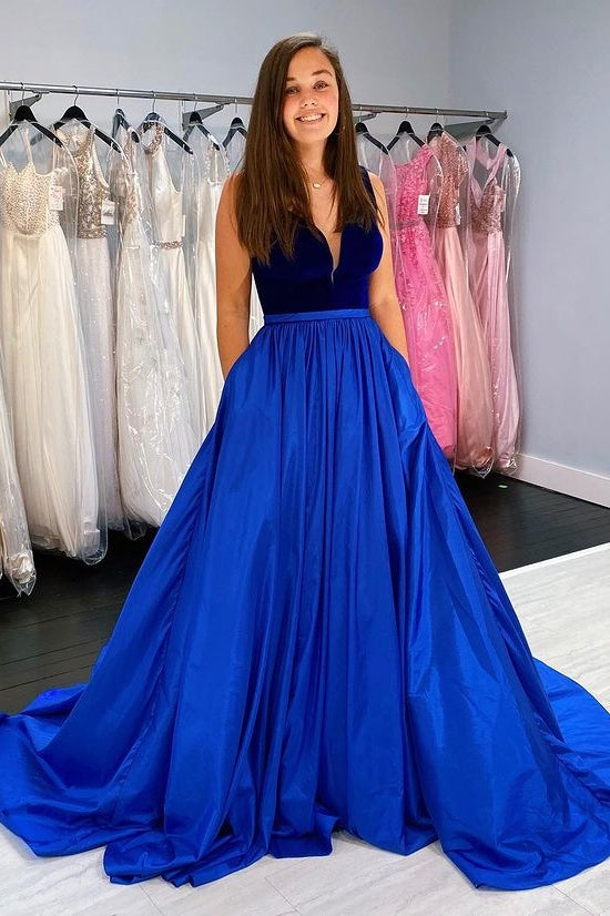 V-Neck Royal Blue A Line Taffeta Long Prom Dress Y0364