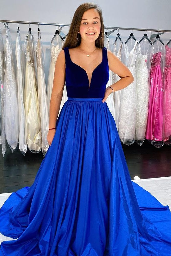 V-Neck Royal Blue A Line Taffeta Long Prom Dress Y0364 – Simibridaldresses