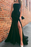 Pretty Strapless Black Side Split Long Velvet Prom Dress Y0365