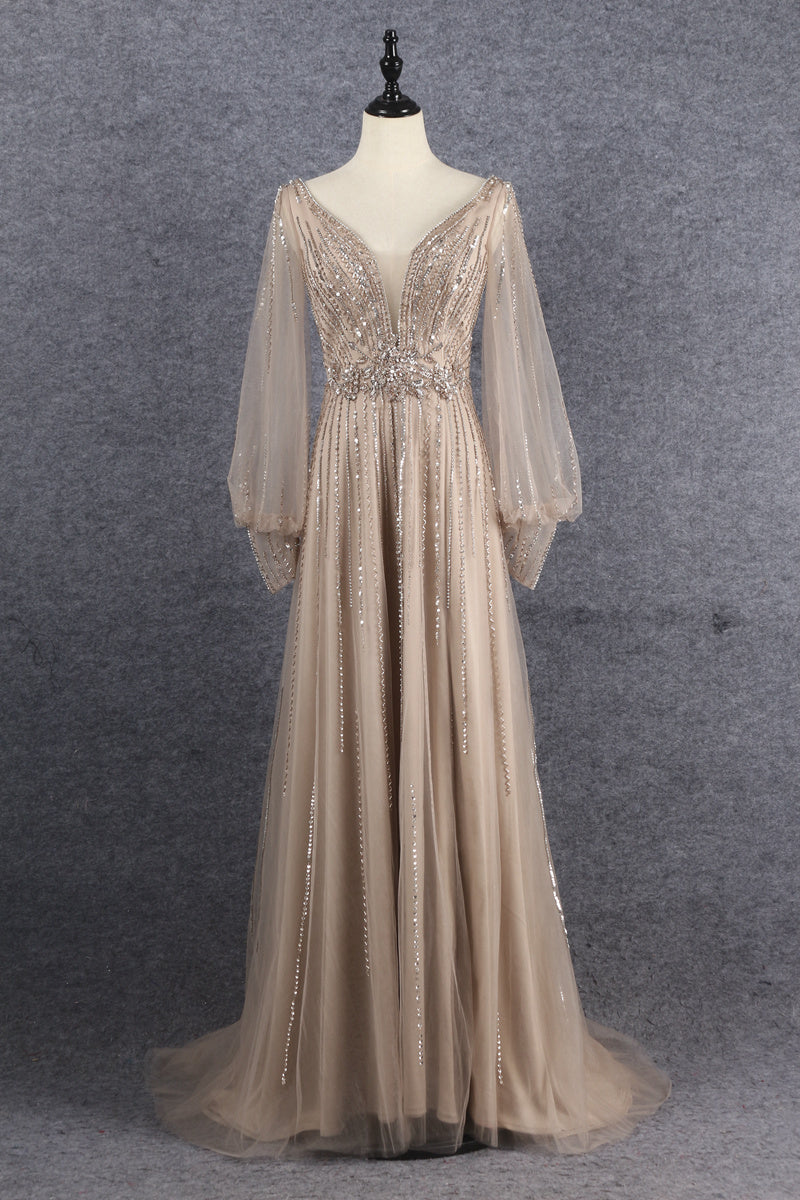 Gorgeous V-Neck Long Sleeves Beading Tulle Long Prom Dresses Y0366
