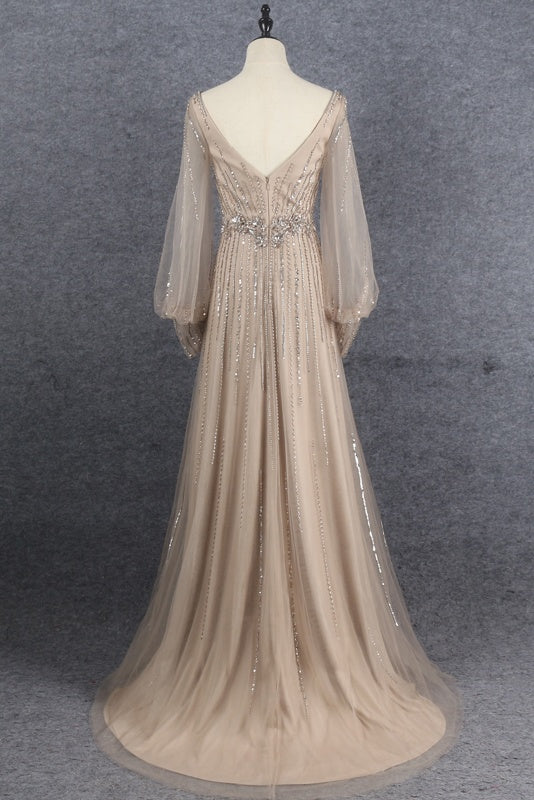 Gorgeous V-Neck Long Sleeves Beading Tulle Long Prom Dresses Y0366