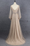 Gorgeous V-Neck Long Sleeves Beading Tulle Long Prom Dresses Y0366