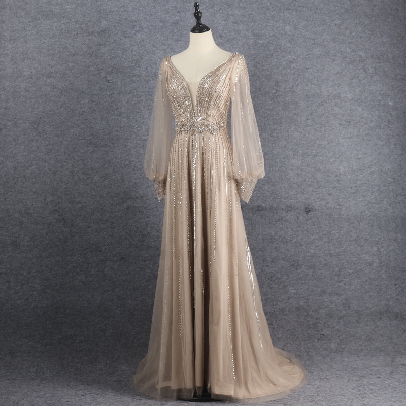Gorgeous V-Neck Long Sleeves Beading Tulle Long Prom Dresses Y0366