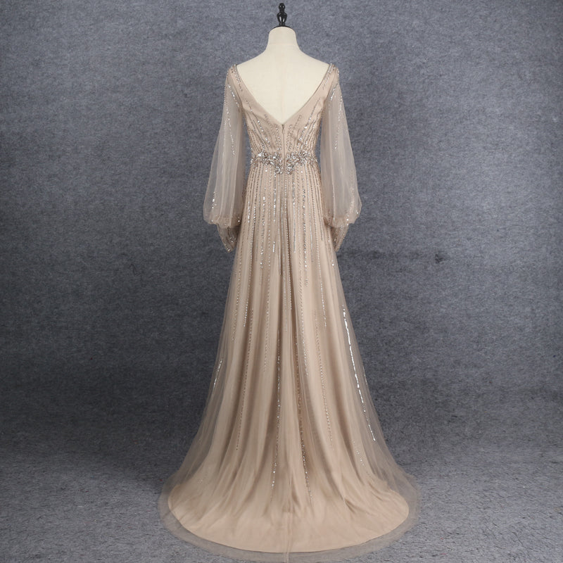 Gorgeous V-Neck Long Sleeves Beading Tulle Long Prom Dresses Y0366