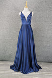 A Line Sleeveless Navy Blue Backless Long Prom Dresses Y0367