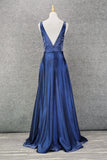 A Line Sleeveless Navy Blue Backless Long Prom Dresses Y0367