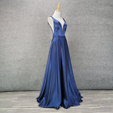 A Line Sleeveless Navy Blue Backless Long Prom Dresses Y0367