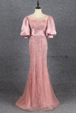 Pretty Pink Puff Sleeves Scoop Neck Mermaid Beading Prom Dress Y0369
