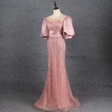 Pretty Pink Puff Sleeves Scoop Neck Mermaid Beading Prom Dress Y0369