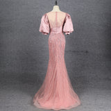 Pretty Pink Puff Sleeves Scoop Neck Mermaid Beading Prom Dress Y0369