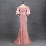 Pretty Pink Puff Sleeves Scoop Neck Mermaid Beading Prom Dress Y0369