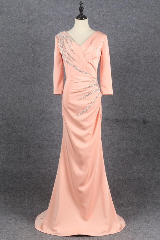 Elegant V-Neck Zipper Back Long Sleeves Beading Long Prom Dresses Y0372