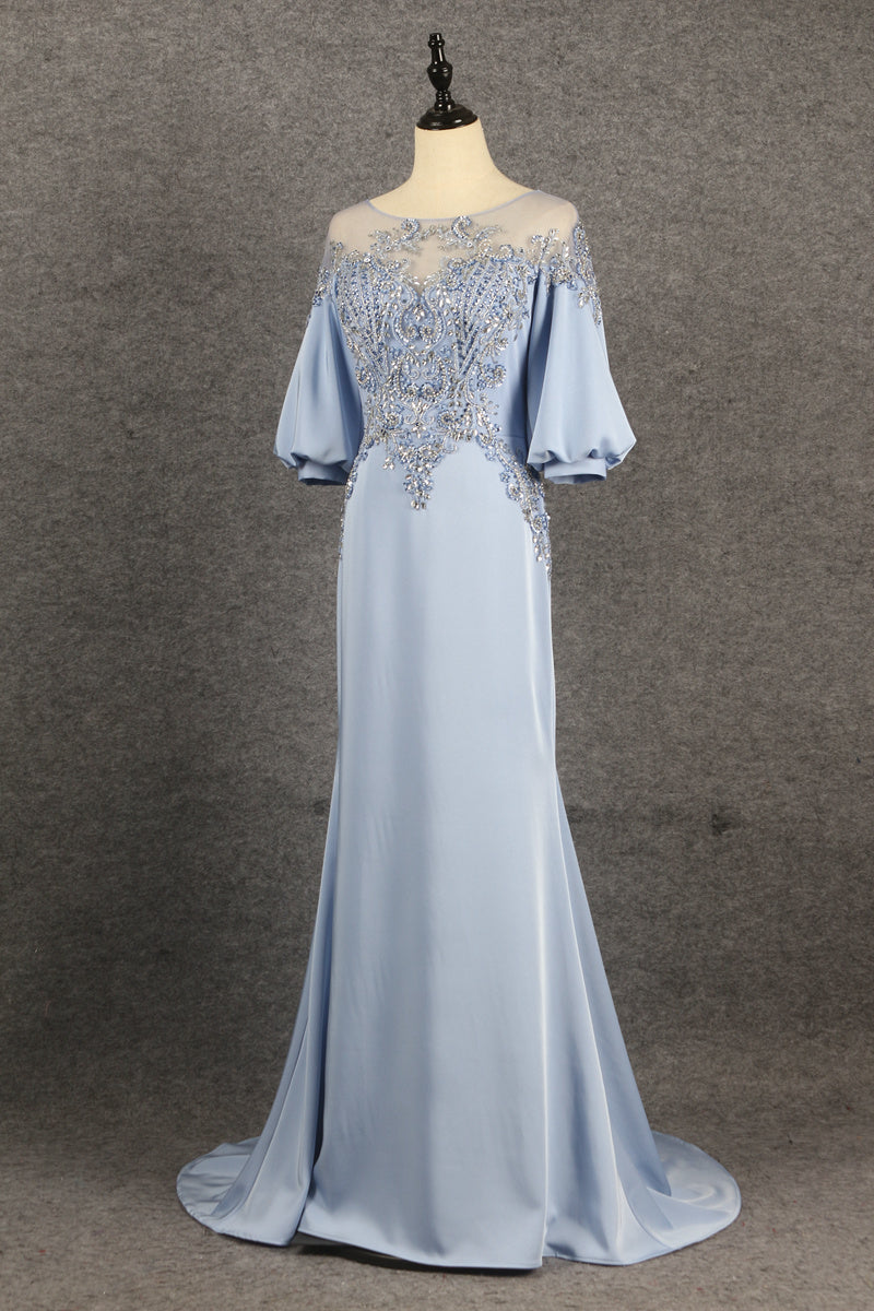 Light Blue Beading Long Prom Dresses With Sleeves Y0373