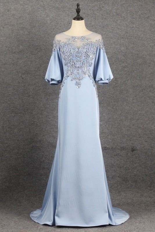Light Blue Beading Long Prom Dresses With Sleeves Y0373