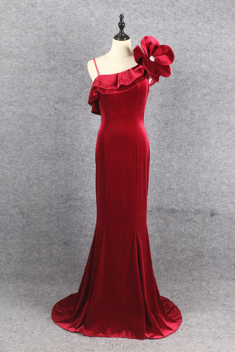 Charming Mermaid Burgundy Velvet Zipper Back Long Prom Dresses Y0374