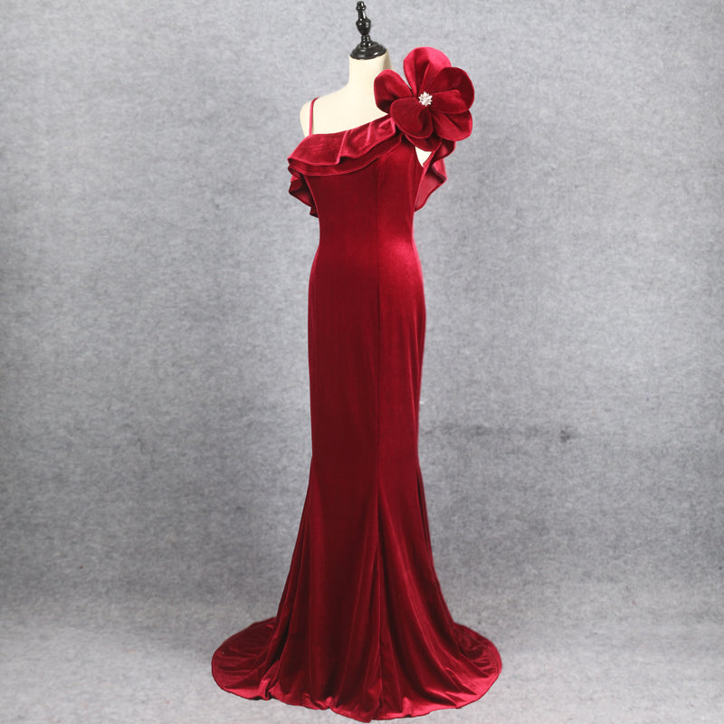 Charming Mermaid Burgundy Velvet Zipper Back Long Prom Dresses Y0374