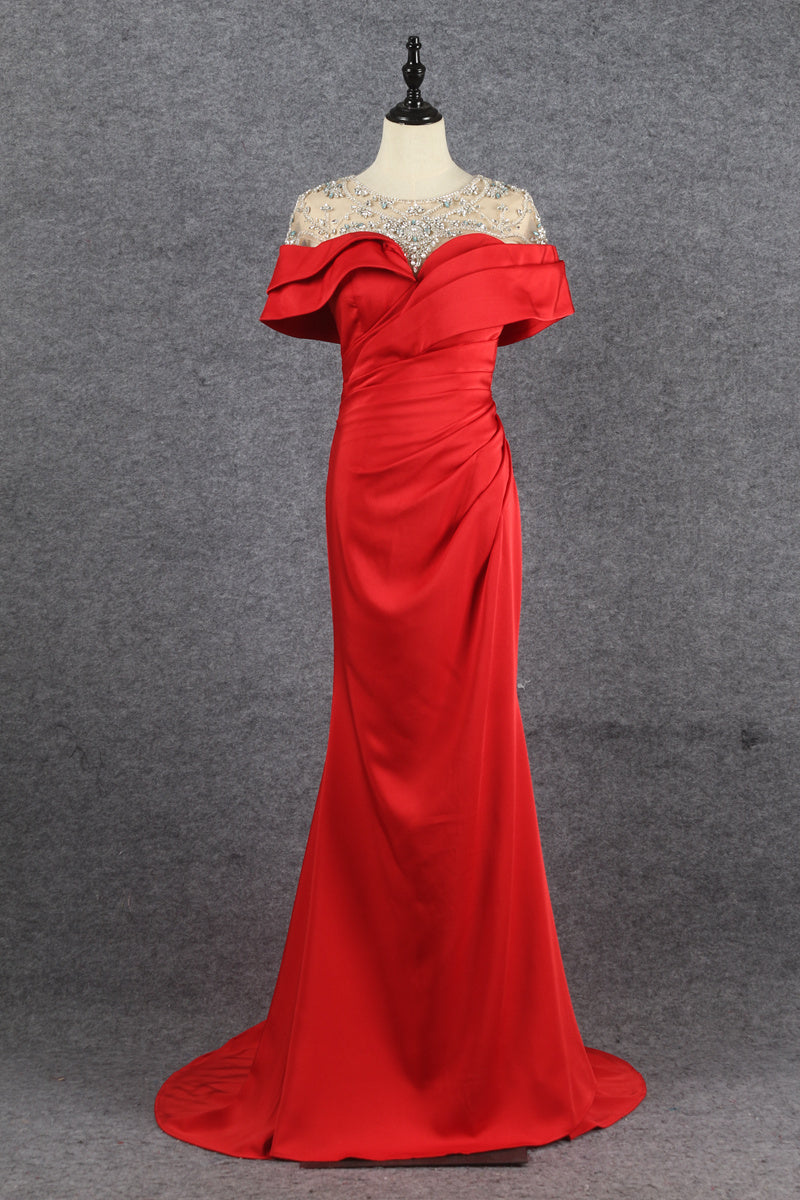Modest Red Mermaid Short Sleeves Beading Satin Long Prom Dresses Y0375