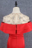Modest Red Mermaid Short Sleeves Beading Satin Long Prom Dresses Y0375