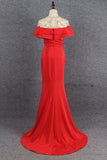 Modest Red Mermaid Short Sleeves Beading Satin Long Prom Dresses Y0375