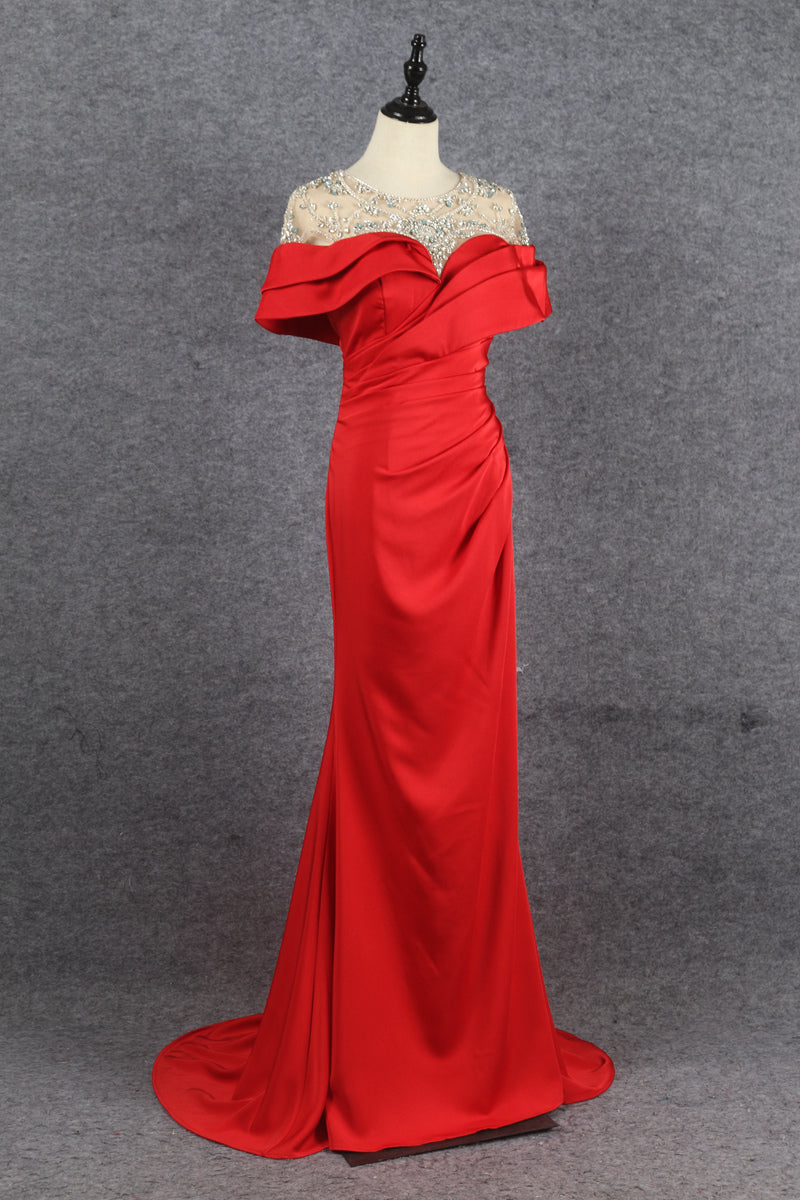 Modest Red Mermaid Short Sleeves Beading Satin Long Prom Dresses Y0375