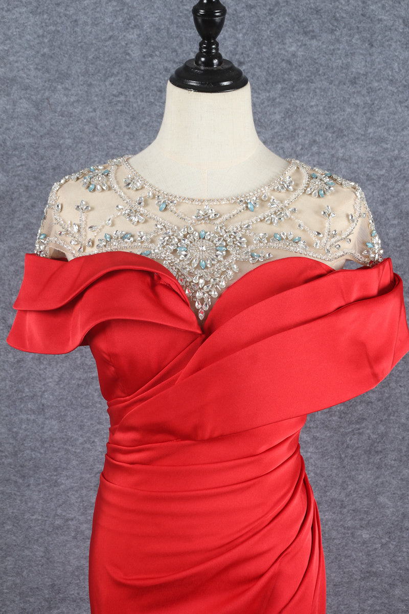 Modest Red Mermaid Short Sleeves Beading Satin Long Prom Dresses Y0375