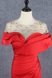 Modest Red Mermaid Short Sleeves Beading Satin Long Prom Dresses Y0375